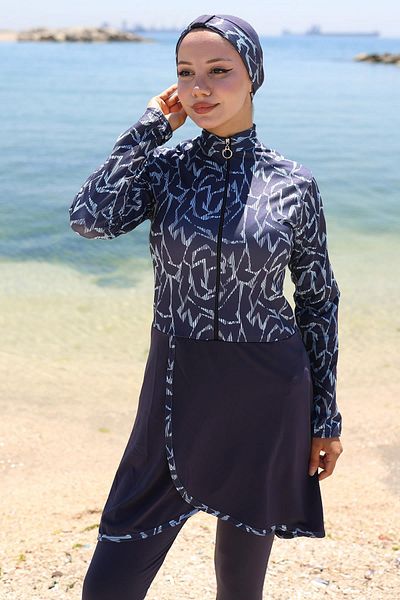 hafsamina Lycra Patterned Skirt Full Covered Swimsuit Navy Blue Hm2789