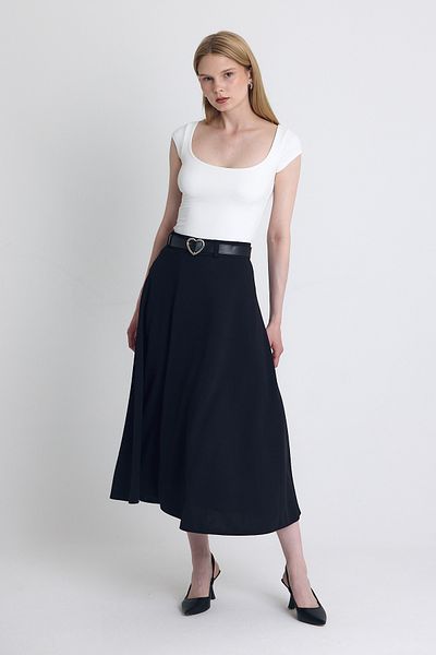 Rays Black Belted A-Line Midi Skirt 4806A