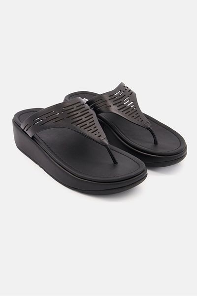 Fitflop Women Lulu Sleek Laser Cut Leather Toe Post Sandals, All Black