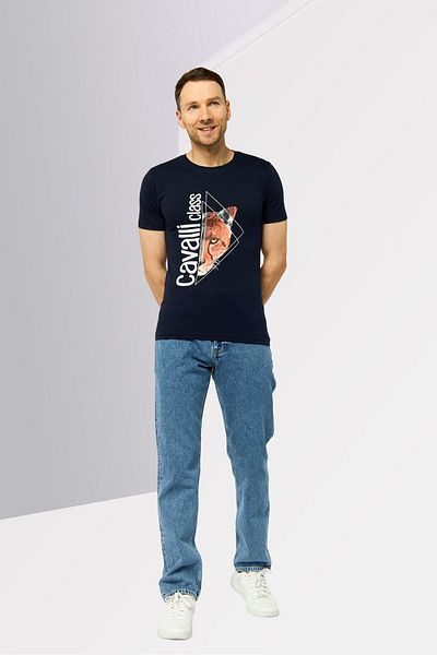 Cavalli Class Men Crew Neck Short Sleeves Graphic Print T-Shirt, Dark Navy