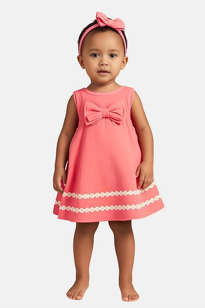 Quiltex Toddlers Girl 3 Pcs Lace Detail Dress, Panty and Headband Set, Coral
