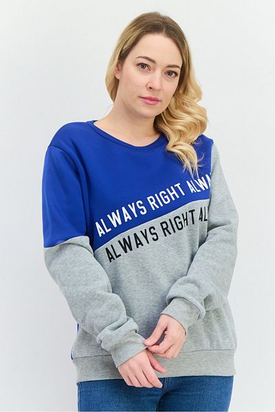 Buzz Women Crew Neck Long Sleeves Graphic Print Sweatshirt, Blue/Grey