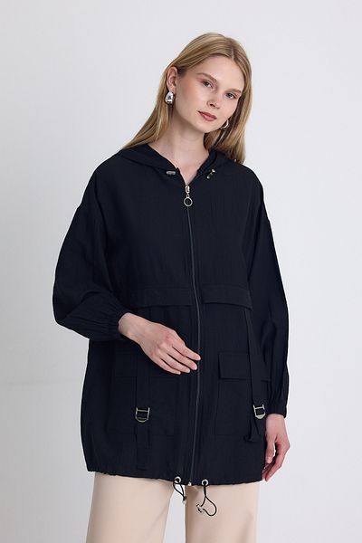 Rays Черно палто с качулка, цип и джоб 4572A