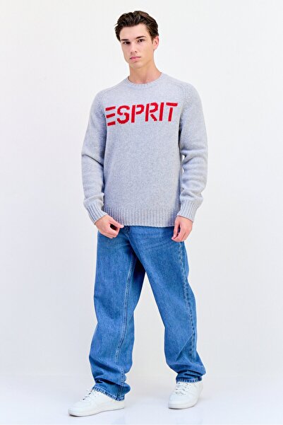 Esprit Men Ribbed Collar Brand Logo Sweater, Grey