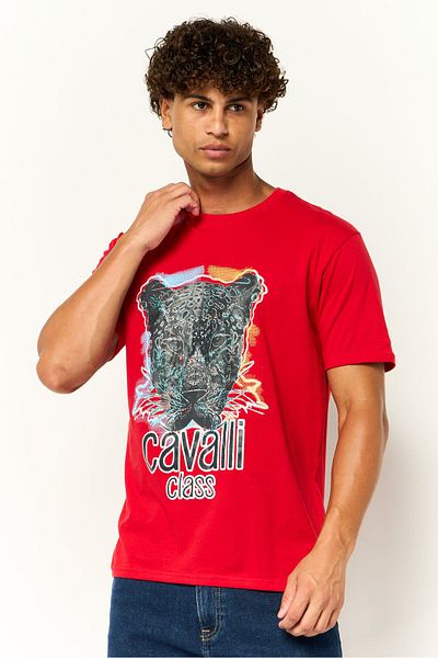 Cavalli Class Men Crew Neck Short Sleeves Graphic Print T-Shirt, Red