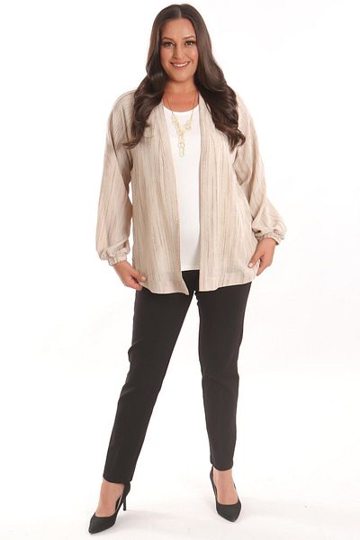 Metpoint Trend42Plus Large Size Fabric Striped Oversize Beige Jacket with Elastic Sleeves