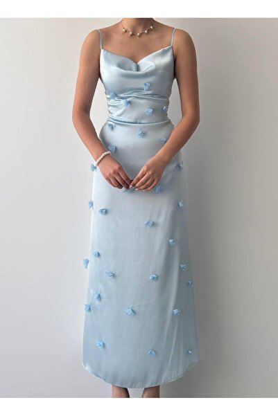 conconmoda Kadın Tasarım Saten Askılı Çiçek Detay Elbise Sara