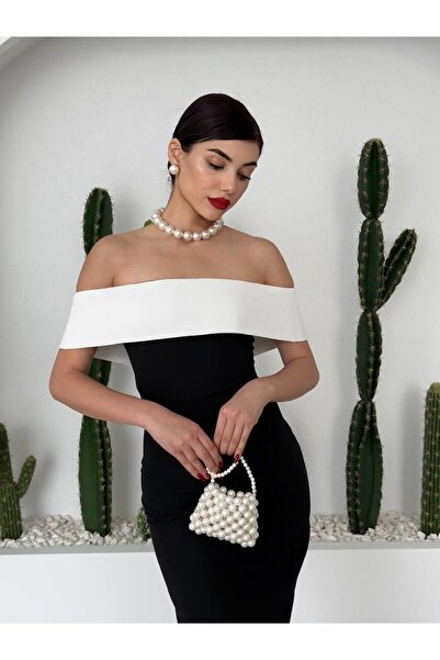 conconmoda Madonna Uzun Siyah Beyaz Elbise