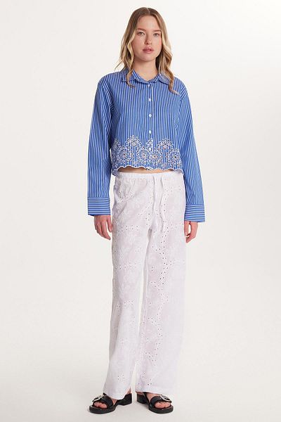 Tudors Women's Regular Fit 100% Cotton Elastic Waist Wide Leg Ecru Trousers