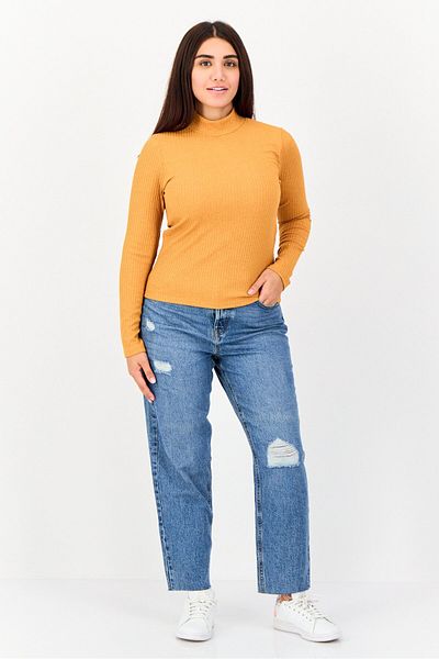 Koton Women Mock Neck Long Sleeve Textured Top, Mustard