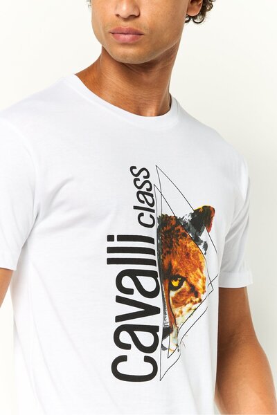 Cavalli Class Men Crew Neck Short Sleeves Graphic Print T-Shirt, White