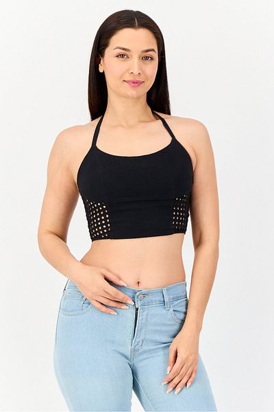 Hurley Women Halter Neck Sleeveless Eyelet Tank Top, Black