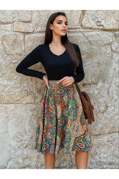 UniqueStore.ro Midi Dress With Black Top And Boho Print Skirt