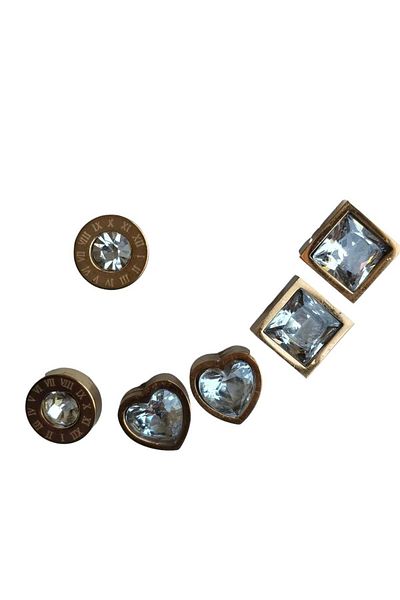 Begonia Accessories Steel Earrings Studded Set of 3 Earrings 9 mm Heart, Square and Round Middle Zircon Stone