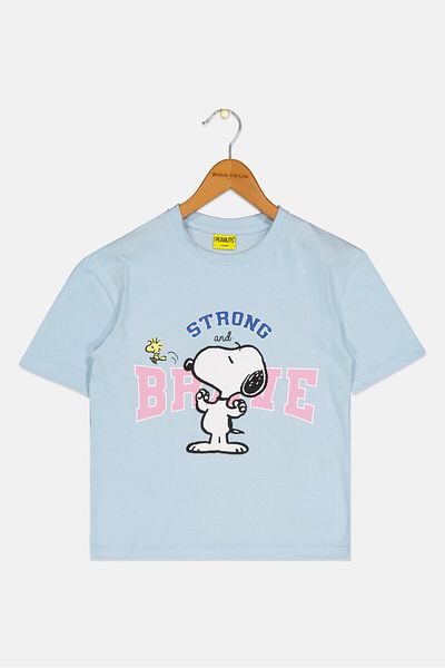 PEANUTS Kids Girl Crew Neck Short Sleeves Graphic Print Top, Blue