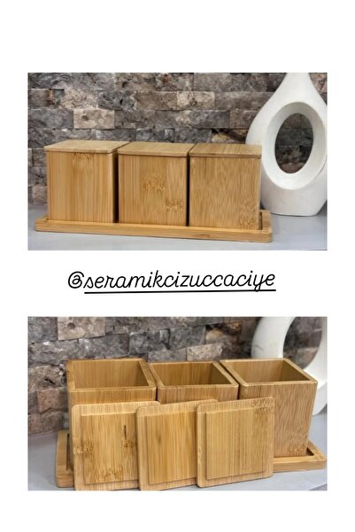 SERAMİKCİ Set of 3 Bamboo Storage Containers with Lids |   Natural Wooden Stand