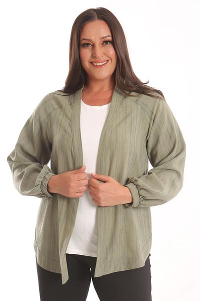 Metpoint Trend42Plus Large Size Fabric Striped Oversize Khaki Jacket with Elastic Sleeves