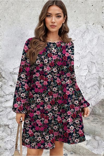 UniqueStore.ro Plus Size Loose Dress With Floral Print In Pink Tones - Xl