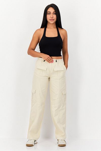 Don't Call Me Jennyfer Women Straight Fit Low Waist Solid Cargo Pants, Cream