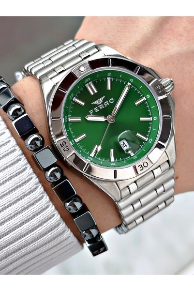 FERRO Silver Color Steel Case Cord Original Men's Wrist Watch + Bracelet
