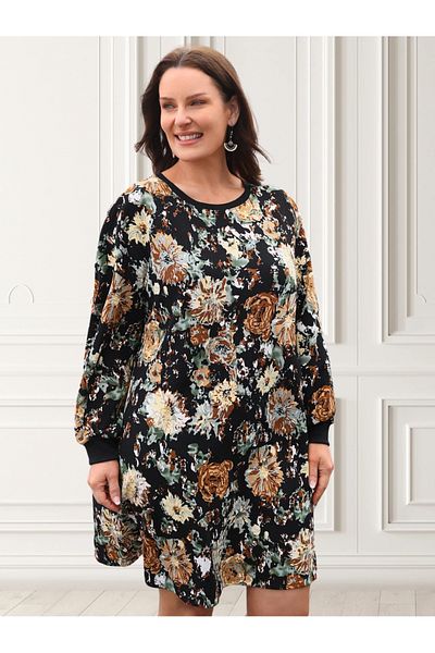 UniqueStore.ro Plus Size Black Dress With Sophisticated Floral Print
