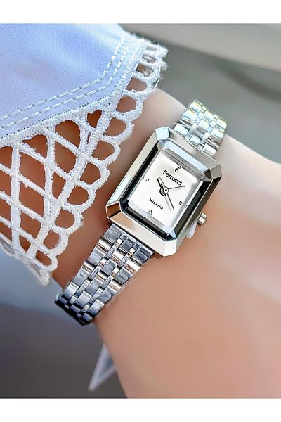 Ferrucci Milano Women's Watch - Rectangular Case with Stones, Metal Cord