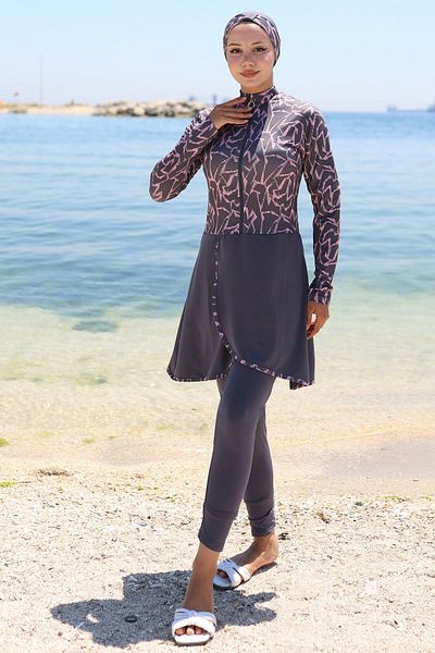 hafsamina Lycra Patterned Skirt Full Covered Swimsuit Smoked Hm2789