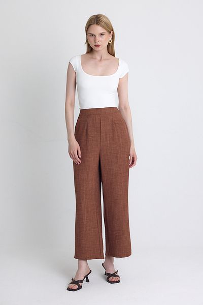 Rays Coffee High Waist Front Pleat Detail Cotton Wide Leg Pants 8014A