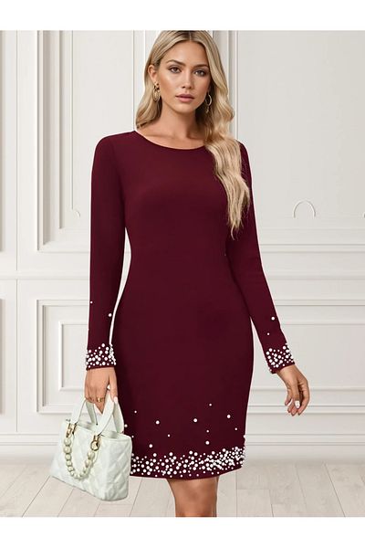 UniqueStore.ro Olinda Bordeaux Dress, Accessorized With Pearls
