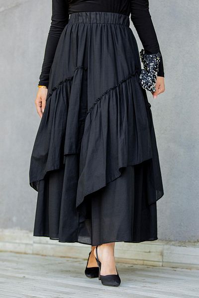 Tesettür Çarşım Emsy Cotton Voile Lined Layered Skirt-Black