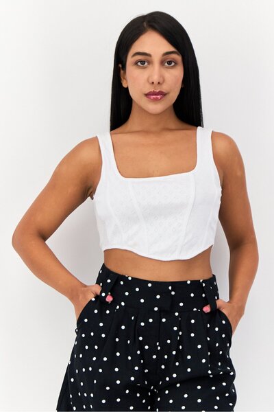 Don't Call Me Jennyfer Women Scoop Neck Sleeveless Eyelet Crop Tank Top, White