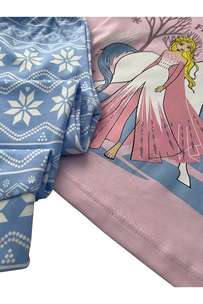 Pajama Shop Girls' 100% Cotton Fabric Ecru Frozen Patterned Blue Collar Long Sleeve Winter Pajama Set