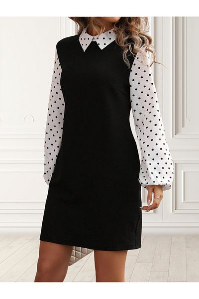 UniqueStore.ro Monique Dots Dress, With Puff Sleeves And Polka Dot Print Collar