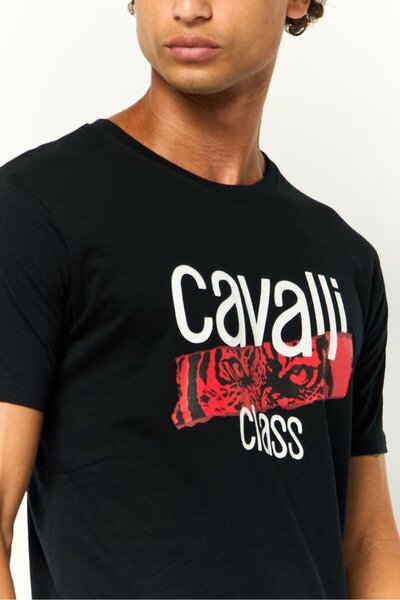 Cavalli Class Men Crew Neck Short Sleeves Graphic Print T-Shirt, Black