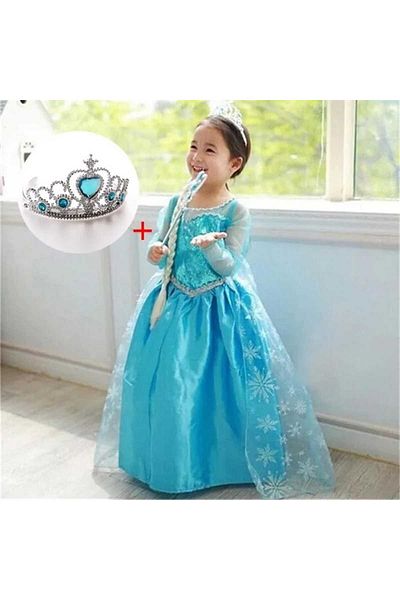 OEM Rochita Elsa cu trena si coronita, albastra, 4-5 ani, 110cm