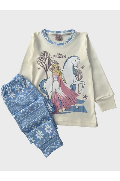 Pajama Shop Girls' 100% Cotton Fabric Ecru Frozen Patterned Blue Collar Long Sleeve Winter Pajama Set