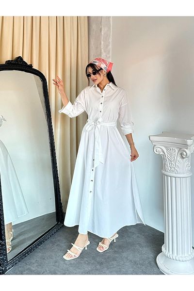TREND KOMBİN Rochie cămașă din poplin cu nasturi ecru