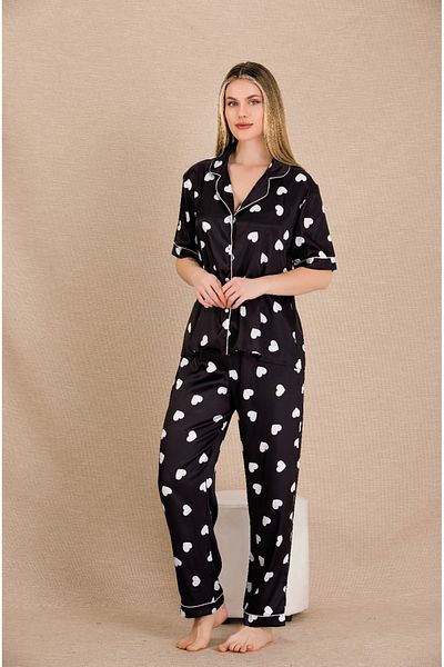 Lady Lingerie Short Sleeve Heart Pattern Satin Women's Pajama Set with Shirt Collar