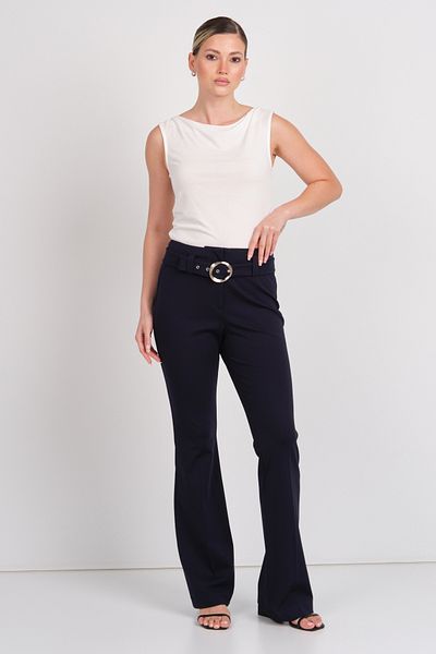 Ekol Women's Waist Buckle Fabric Belted Trousers 2080 Navy Blue