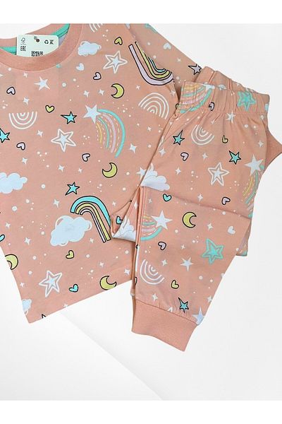 Pajama Shop Girl's 100% Cotton Fabric Puppy Color Rainbow Patterned Long Sleeve Winter Pajama Set
