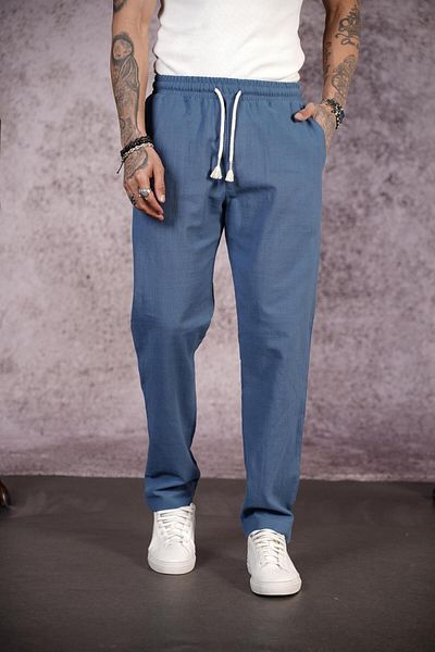 king brich Kingbrich Elastic Waistband Regular Fit Plain Linen Men's Trousers