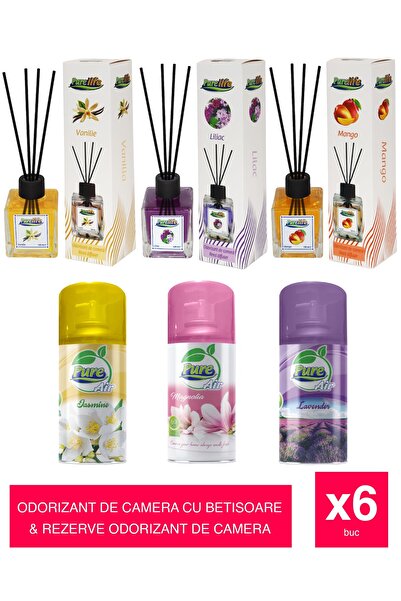 Pure Set of 6 room air fresheners 3 sticks (Mango Vanilla, Lilac, )+3 refills (Jasmine, Magnolia, Lavender)