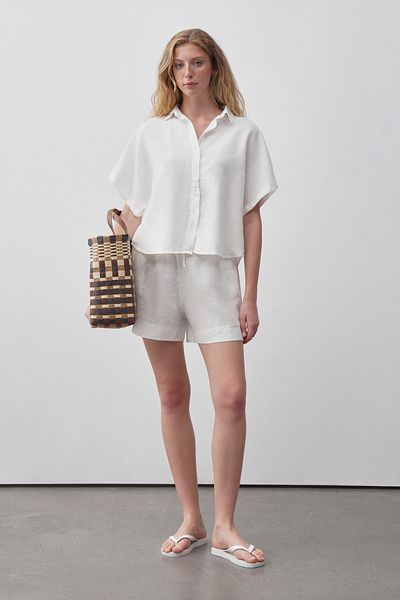 mathilda store Women's White Linen Shorts Shirt Set