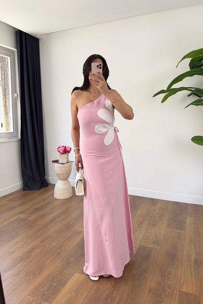 BİRCANÇİL Rita Pink One Shoulder Window Detail Skirt Lined Dress