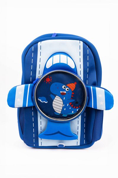 KIKIBEBE Aeroplane Style Dinosaur Printed Backpack for Boys – Blue