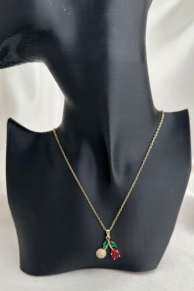 Modex Steel Gold Color Stone Fruit Minimal Cherry Necklace (40cm)