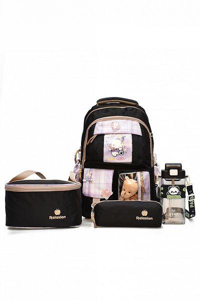 ELATAE Children's 4-Piece School Set Primary School Bag & Thermal Lunch Box & Pen Holder & Water Bottle 1395
