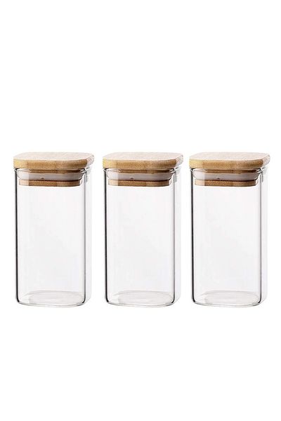 Bisbell 3Pcs Square Glass Storage Jars With Airtight Bamboo Lid,Spice jar,620ML,BB4014