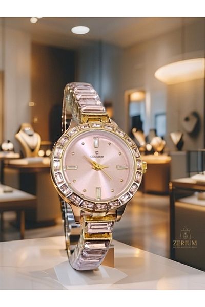 ZERİUM Pink Elegance Gold Color Round Dial Women's Watch