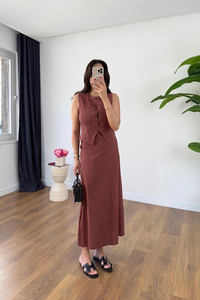 BİRCANÇİL Orsa Tile Vest Button Detail Skirt Suit